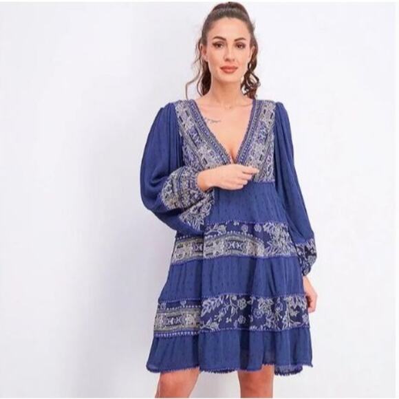 Free People XS Blue V-neck Tunic Mini Dress Sexy Babydoll Flowy Boho Festival - Picture 11 of 16